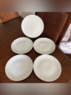 Dansk Fish Embossed Dinner Plates Set of 5 White Porcelain 9.25” France Nautical